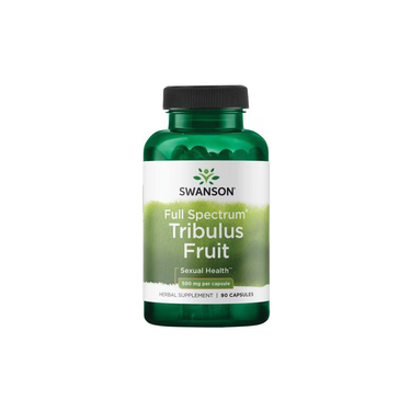 Swanson Full Spectrum Tribulus Fruit 500 mg, available in a green bottle with 90 capsules, features Tribulus terrestris for sexual health and testosterone support.